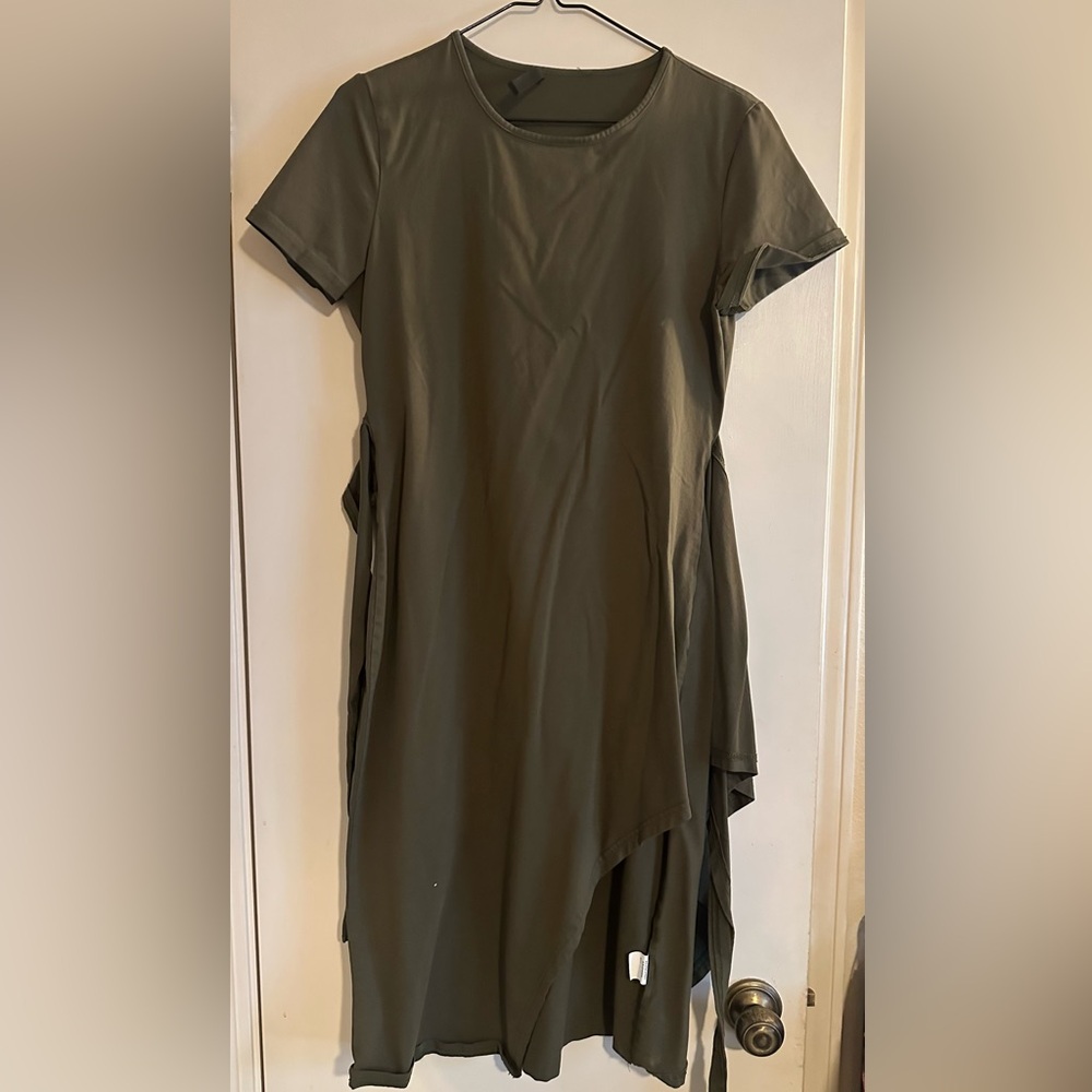 Green Asymmetrical Sheath Dress with Crew Neck